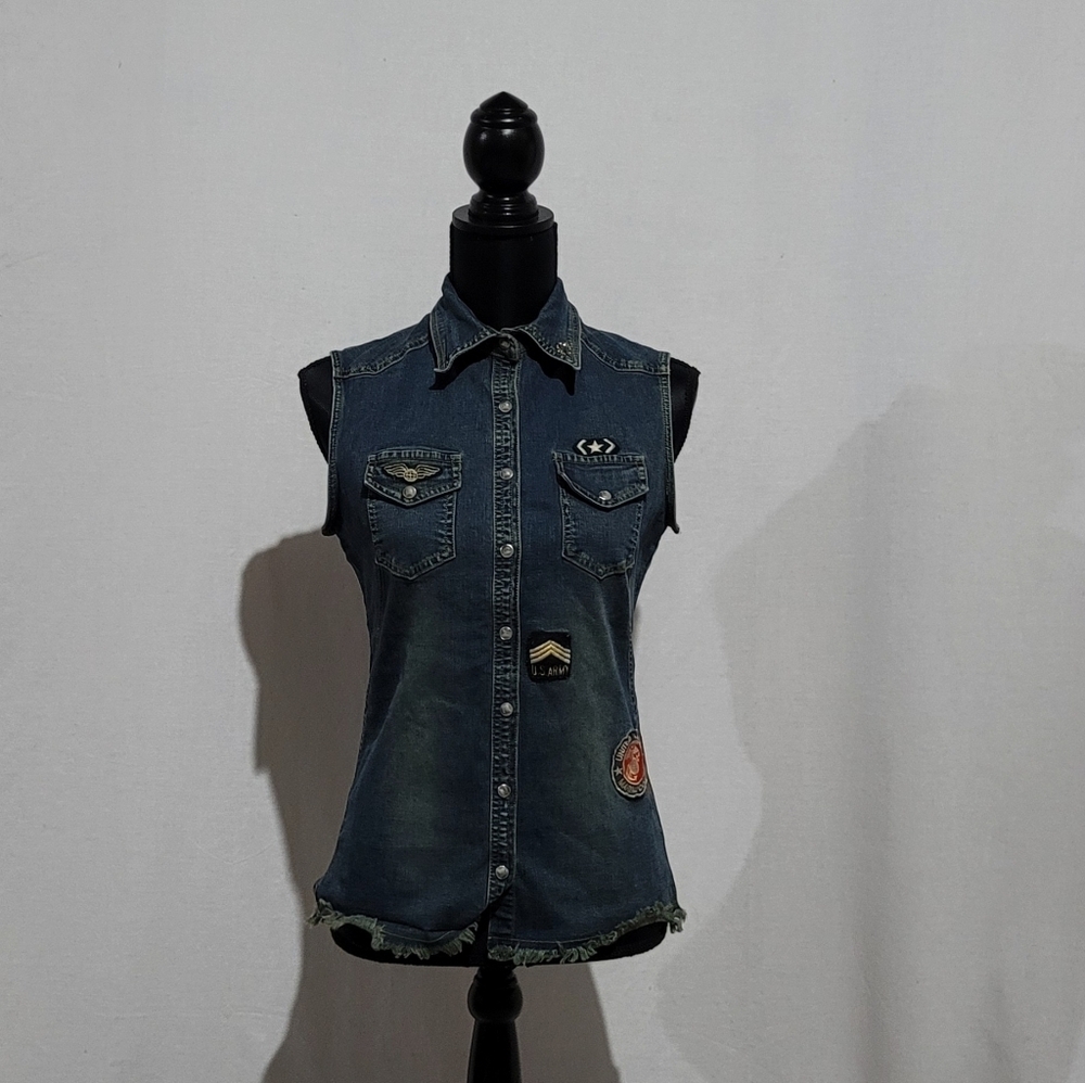 Y London jean vest with patches blue denim sleeveless jacket distressed grunge